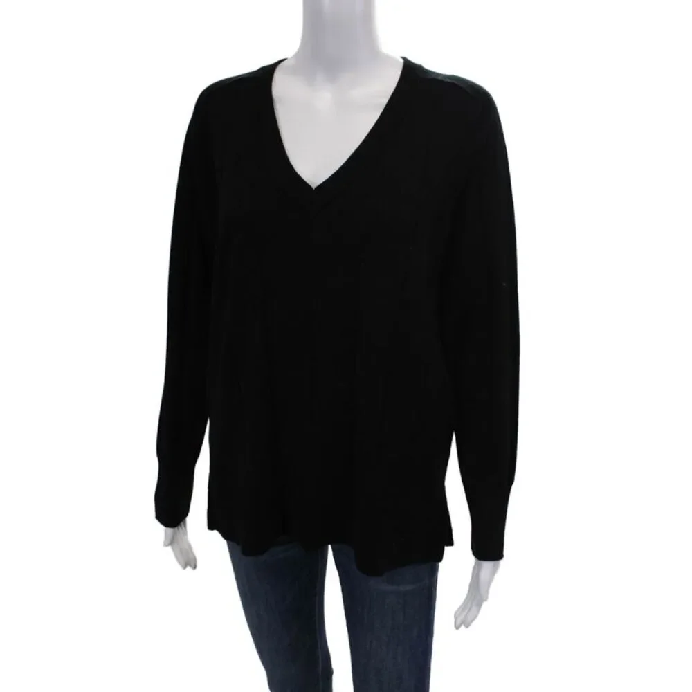 MK Metric Knits Womens Ribbed V-neck Pullover Sweater Top Black Size M